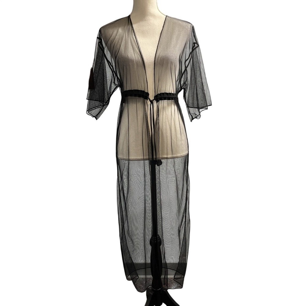 Vintage Charlotte Russe Duster Black Sheer Mesh Tie Front Size S‎ Whimsigoth Y2K